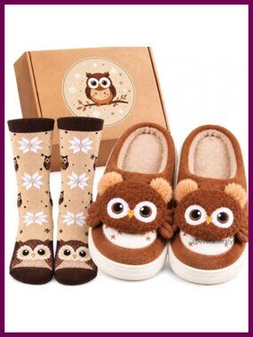 3D Owl Fuzzy Slippers & Socks Gift Set Plush Non-Slip House Shoes